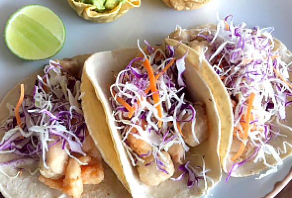 “Baja” style shrimp and fish corn tacos